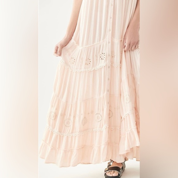 Free People Ecru Pink Pretty Cozy Viscose Tiered Sleeveless Boho Maxi Dress XL - Picture 7 of 17